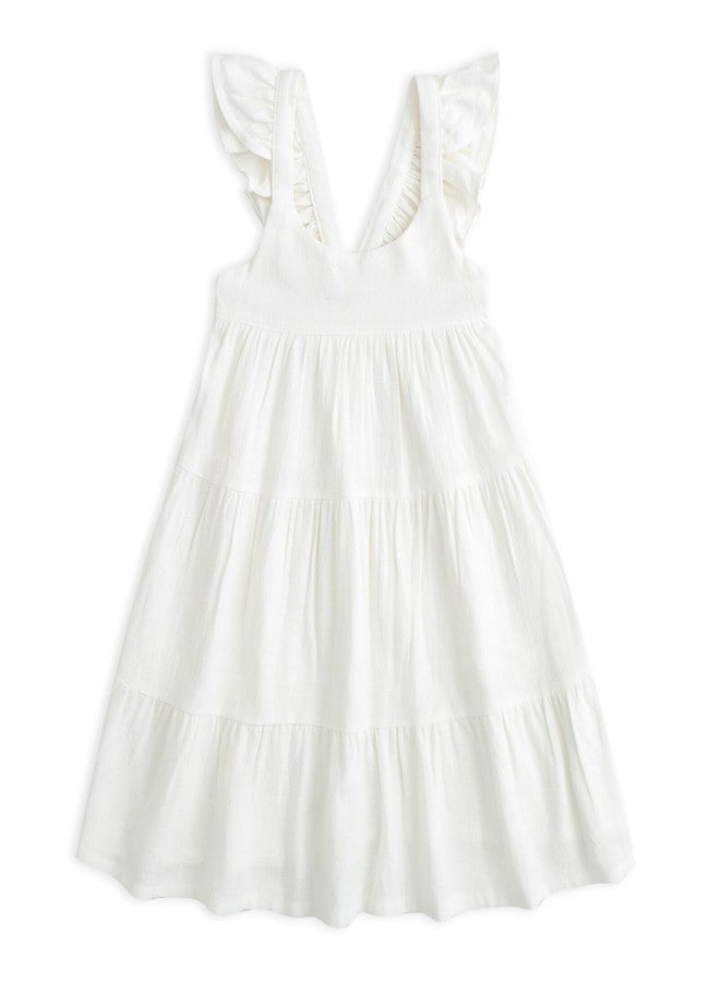Curipeer Little Girl Cotton Linen Dress with Smocking Playwear Sleeveless Dress for Spring Summer 6 Years White - Image 1