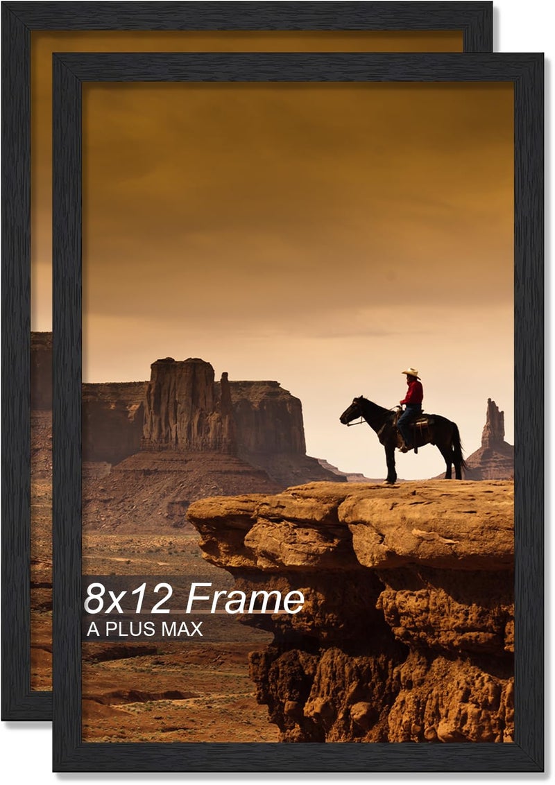 A PLUS MAX 8x12 Picture Frame Set of 2, Black Engineered Wood Frame for 8 x 12 Inch Picture Poster Photo, Light Weight 8 by 12 Frame with Wood-grain for Wall - 2 Pack/Black/8"x12" - Image 1