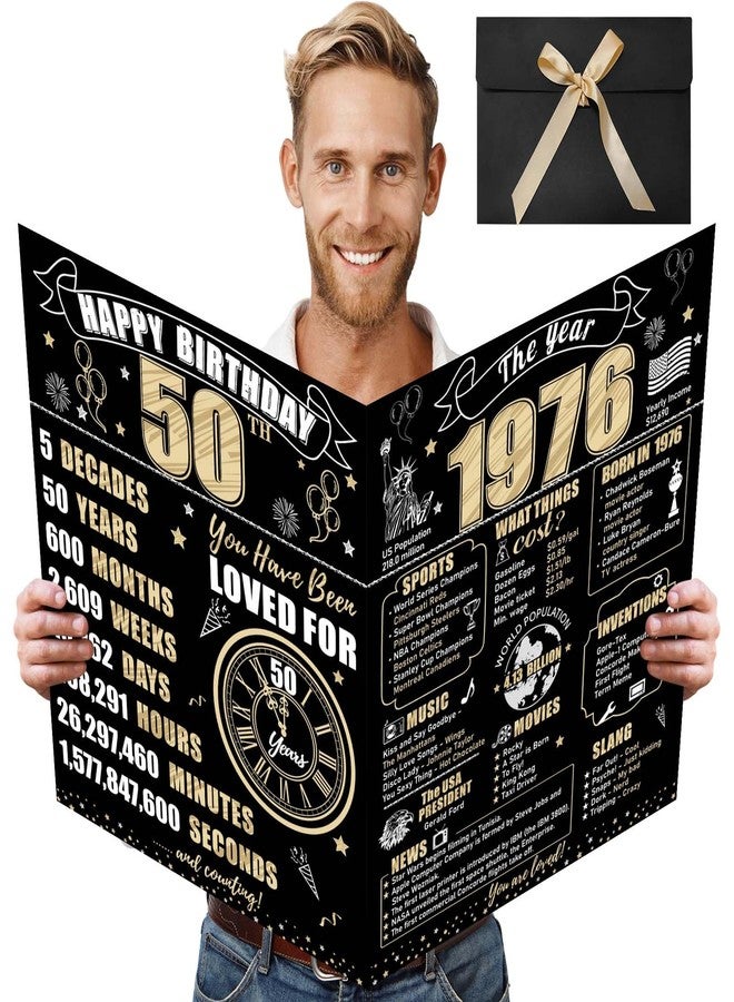 Turypaty Large 50th Birthday Card With Envelope for Men Women, 1975 Black Gold Happy 50th Birthday Giant Guest Signature Book Gifts, Big Vintage 1975 50th Greeting Card Decoration Party Supplies - Image 1