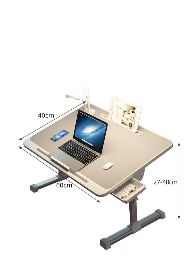 Golden - Bed Desk for Laptop, Adjustable Height Computer Desk, Portable No-Slip Laptop Bed Tray Table, Dormitory Study Desk with Drawers, Bookshelves, USB Interface - Image 1