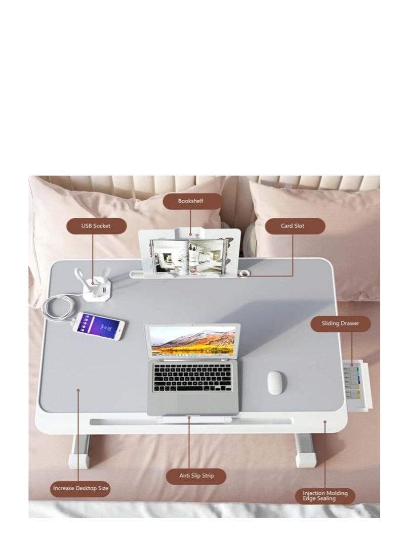 Golden - Bed Desk for Laptop, Adjustable Height Computer Desk, Portable No-Slip Laptop Bed Tray Table, Dormitory Study Desk with Drawers, Bookshelves, USB Interface - Image 1