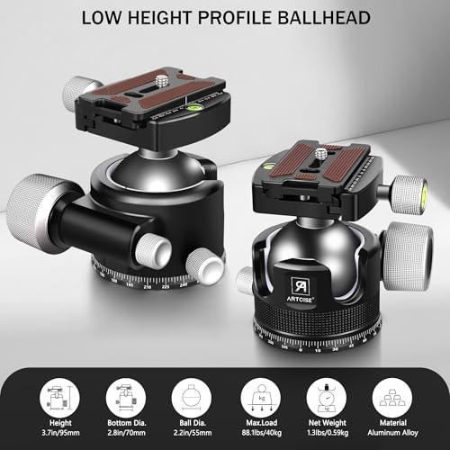 ARTCISE Low Profile Ball Head 55mm Tripod Ball Head ARTCISE KB55 Heavy Duty Tripod Head All Metal CNC Machining with 360° Panoramic Arca Type QR Plate for Tripod, Max Load 88lbs /40kg - Image 2