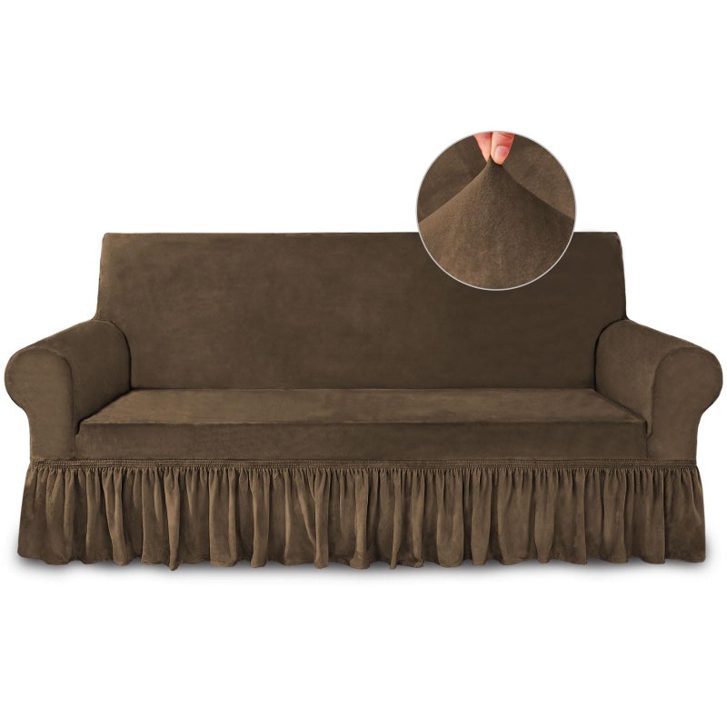 NICEEC Sofa Cover Super Soft 1Piece Brown Sofa Slipcover for Sofas Stretch Universal Spandex Couch Covers for Living Room Easy Fit Washable Furniture Sofa Protector with Skirt