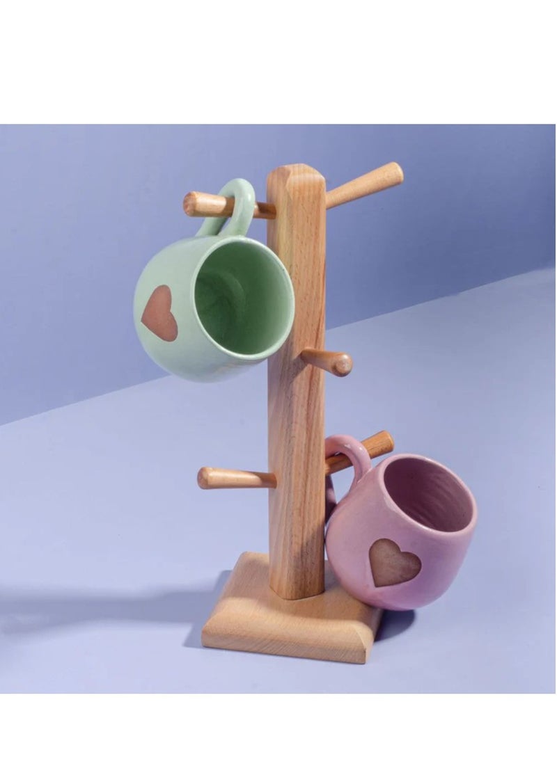 Wooden Mug Tree Stand – 6 Hook Coffee Mug Holder for Countertop or Cabinet | Rustic Cup Rack for Kitchen, Office, or Coffee Bar Display & Storage