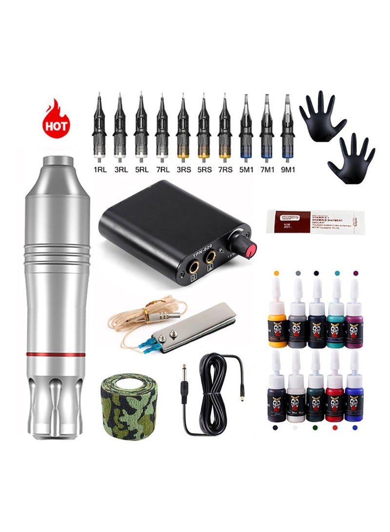 Tattoo Pen Kit, All In One Tattoo Machine Set, Durable Safe Tattoo Supplies Kit, Tattoo Pen, Tattoo Integrated Needles, Tattoo ment 10 Colors Set, Steel Pedal, Repair Cream, Bnadage, (Silver Suit) - Image 1