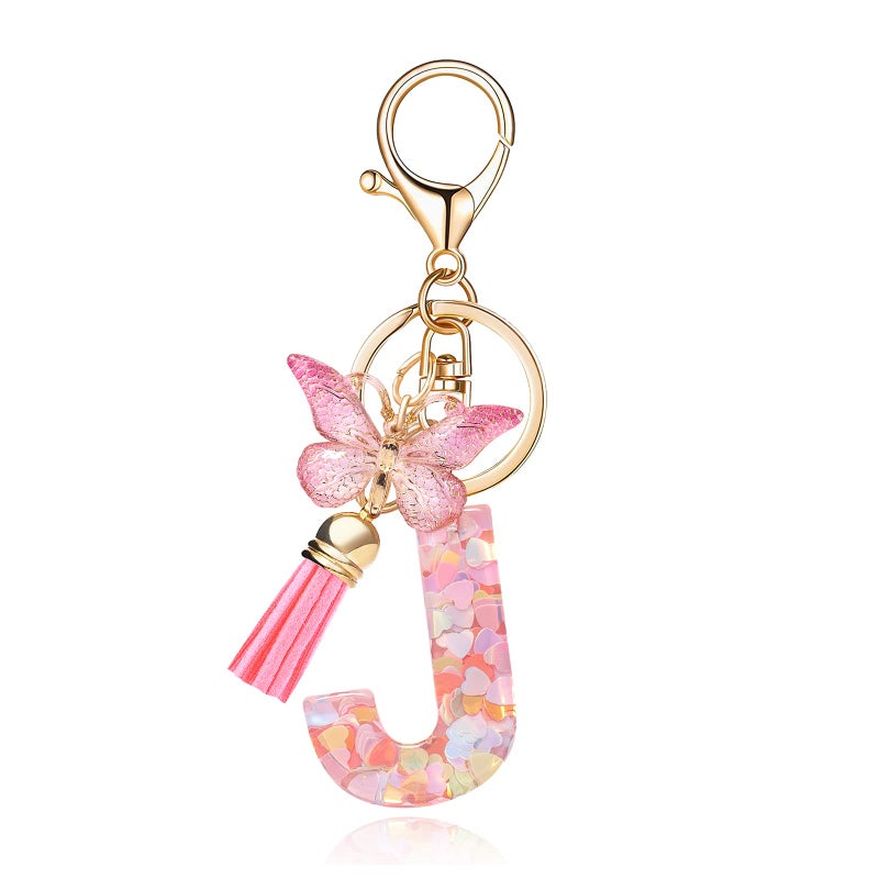 OKAICEN Fashion Alphabet Initial Letter Keychain Tassel Butterfly Pendant Key Ring for Purse Handbags Women Girl ('J') - Image 1