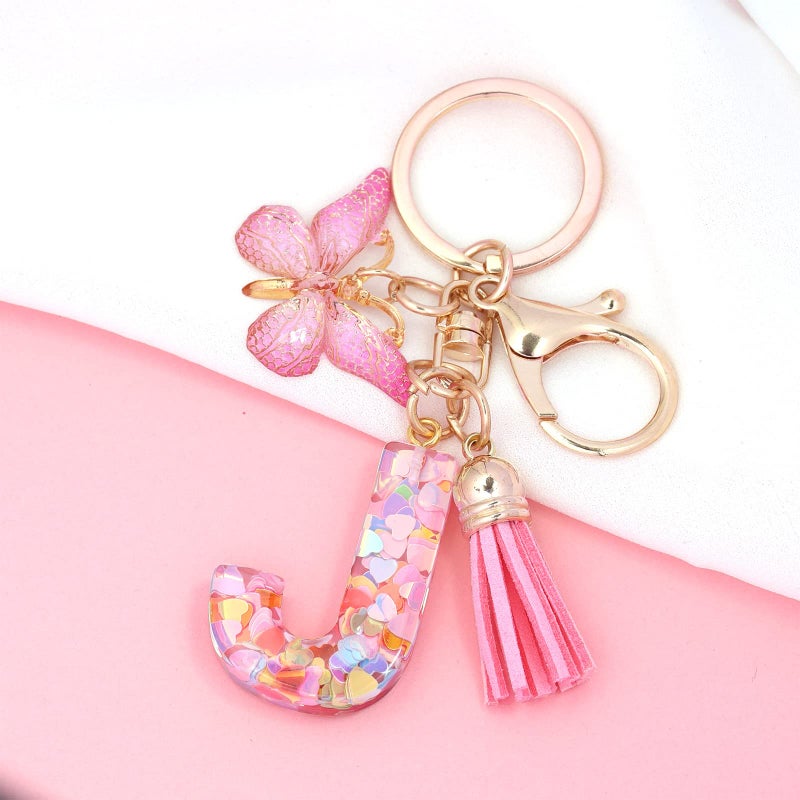 OKAICEN Fashion Alphabet Initial Letter Keychain Tassel Butterfly Pendant Key Ring for Purse Handbags Women Girl ('J') - Image 3