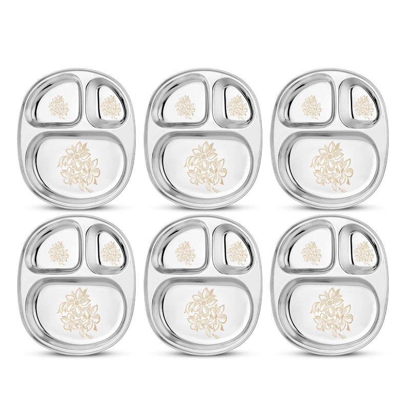 KITCHEN CLUE Stainless Steel Dinner Plates Set Of 6 Pcs, 3 In 1 Compartment Plate/Bhojan Thali - Permanent Laser Design DAISY Looks Attracitve & Elegant - Highly Durable & Unbreakable - Image 1