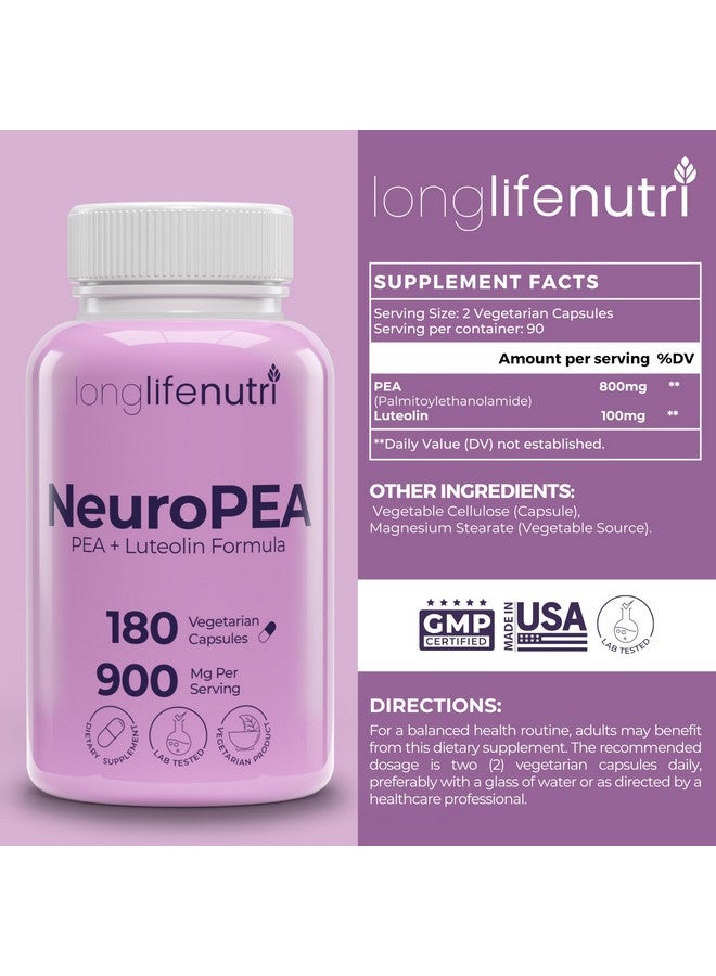 LongLifeNutri NeuroPEA (Palmitoylethanolamide + Luteolin 800mg/100mg) - Organic Supplement for Nerve Performance, 180 Vegetarian Capsules, 3-Month Supply, GMP Certified, USA Made - Image 2