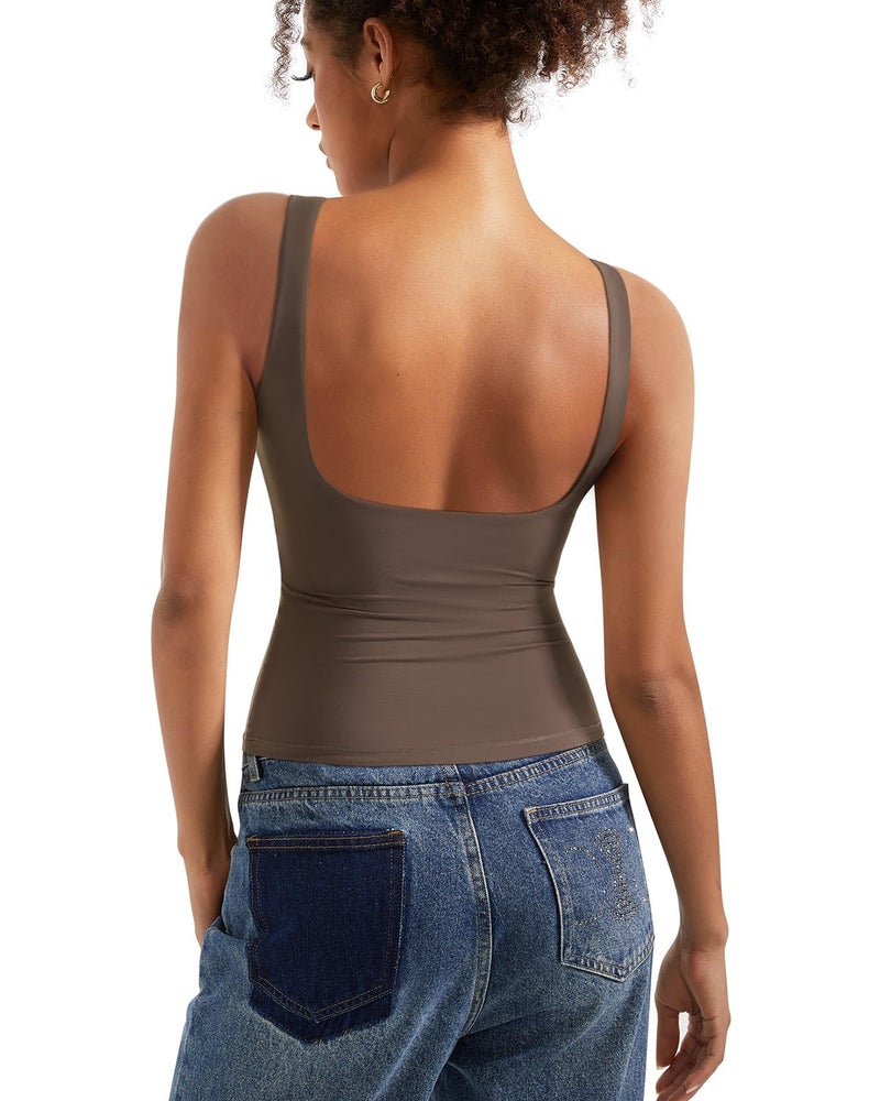 SUUKSESS Women Built in Bra Open Back Boat Neck Tank Tops Double Lined Backless Y2K Going Out Top Basic Shirt (Brown,M) - Image 1