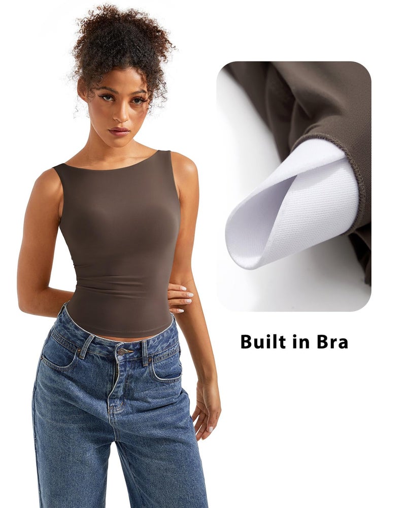 SUUKSESS Women Built in Bra Open Back Boat Neck Tank Tops Double Lined Backless Y2K Going Out Top Basic Shirt (Brown,M) - Image 3