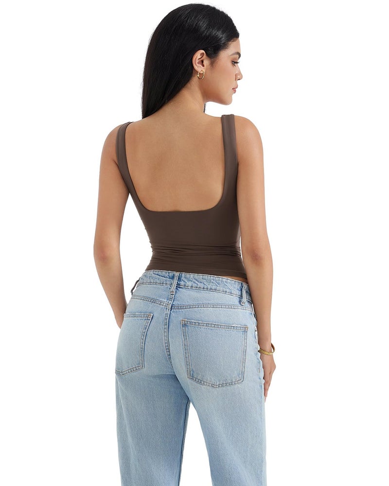 SUUKSESS Women Built in Bra Open Back Boat Neck Tank Tops Double Lined Backless Y2K Going Out Top Basic Shirt (Brown,M) - Image 4