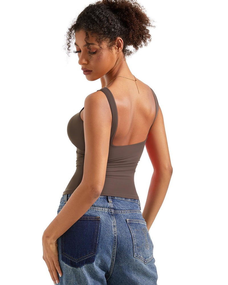 SUUKSESS Women Built in Bra Open Back Boat Neck Tank Tops Double Lined Backless Y2K Going Out Top Basic Shirt (Brown,M) - Image 2