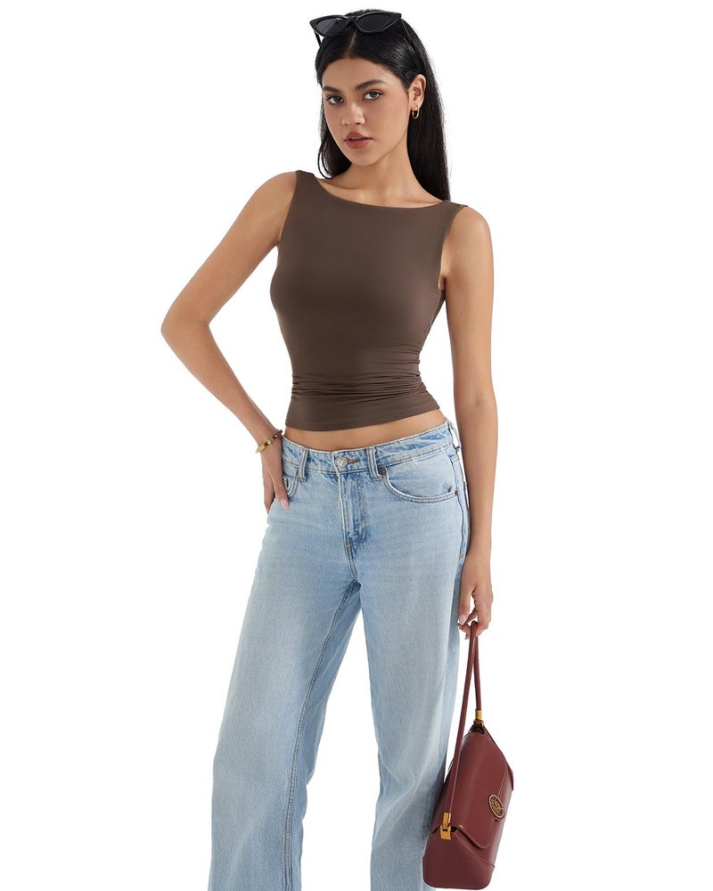 SUUKSESS Women Built in Bra Open Back Boat Neck Tank Tops Double Lined Backless Y2K Going Out Top Basic Shirt (Brown,M) - Image 5