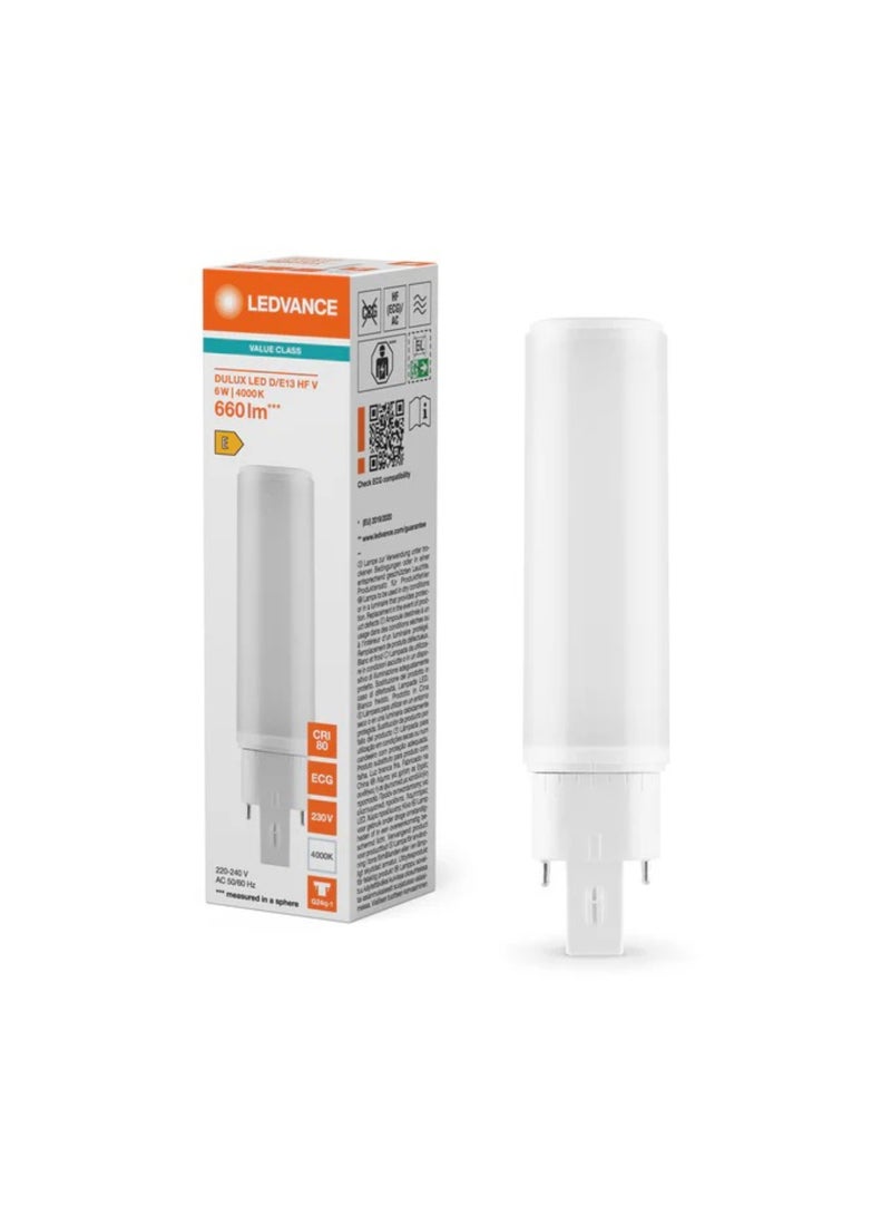 Osram Dulux LED D/E 6W 840 G24Q-1 CFL Replacement, Cool White Light 4000K, 4-Pin Base, 230V – Compact Energy Saving Bulb - Image 1