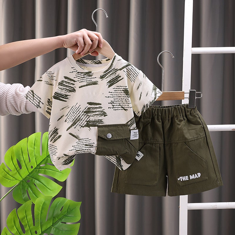 Korean-style summer short-sleeved suit summer boys baby casual vignette letter short-sleeved thin two-piece fashionable direct selling Military green