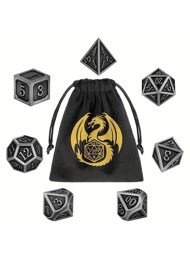 7 قطع من مجموعة النرد المعدنية متعددة السطوح باللون الفضي الداكن مع حقيبة تخزين على شكل تنين لألعاب RPG اللوحية - Image 1