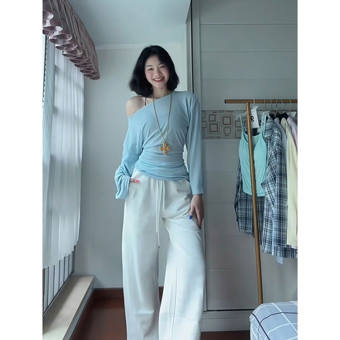 Summer Lightweight Sun Protection Blouse, Tulle Top, Women'S Suspender Two-Piece Set, Strappy Off-Shoulder One-Shoulder Outfit For Early Summer - Image 1