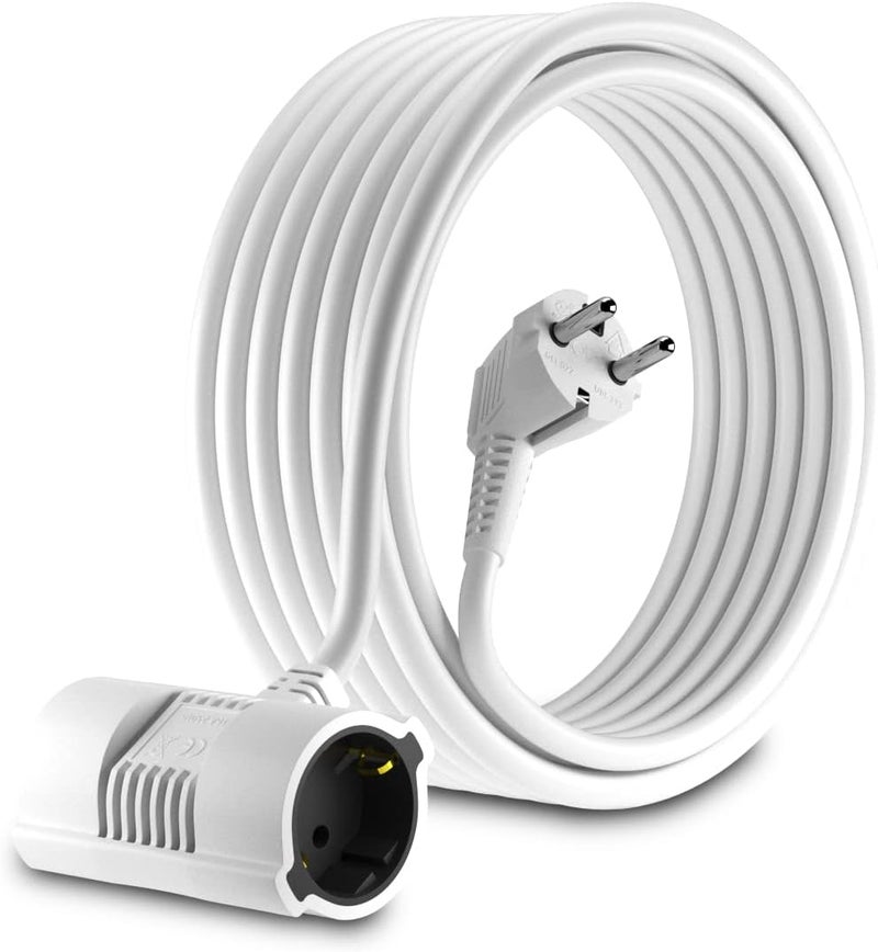 MutecPower 10 m Schuko extension cord with 2-way sockets IP20-90° curved EU Schuko cable with grounded plug and 2x grounded couplings - up to 250V 50Hz 16A - 10 m white - Image 1