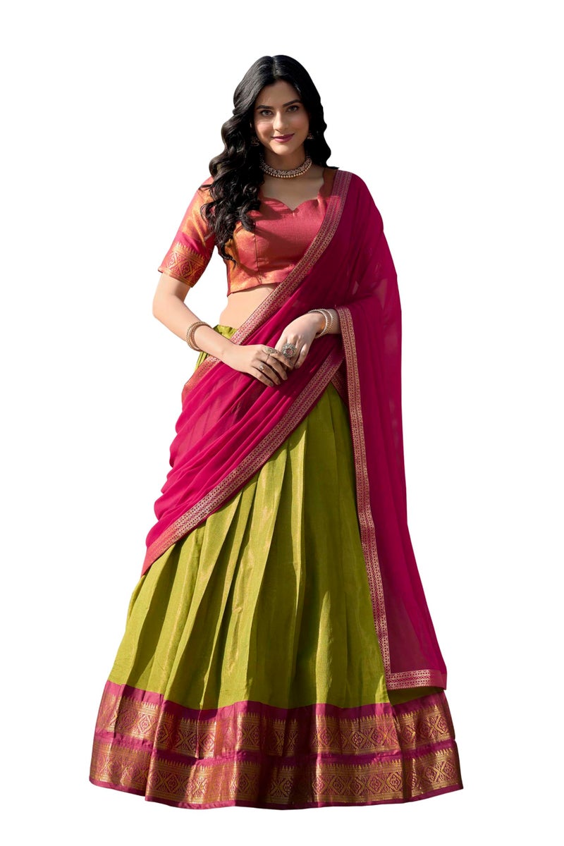 LooknBook Art Women's Solid Pattern Cotton Silk Blend Lehenga Choli Dupatta Set with Unstitched Blouse Piece and Zari Weave Type - Image 1