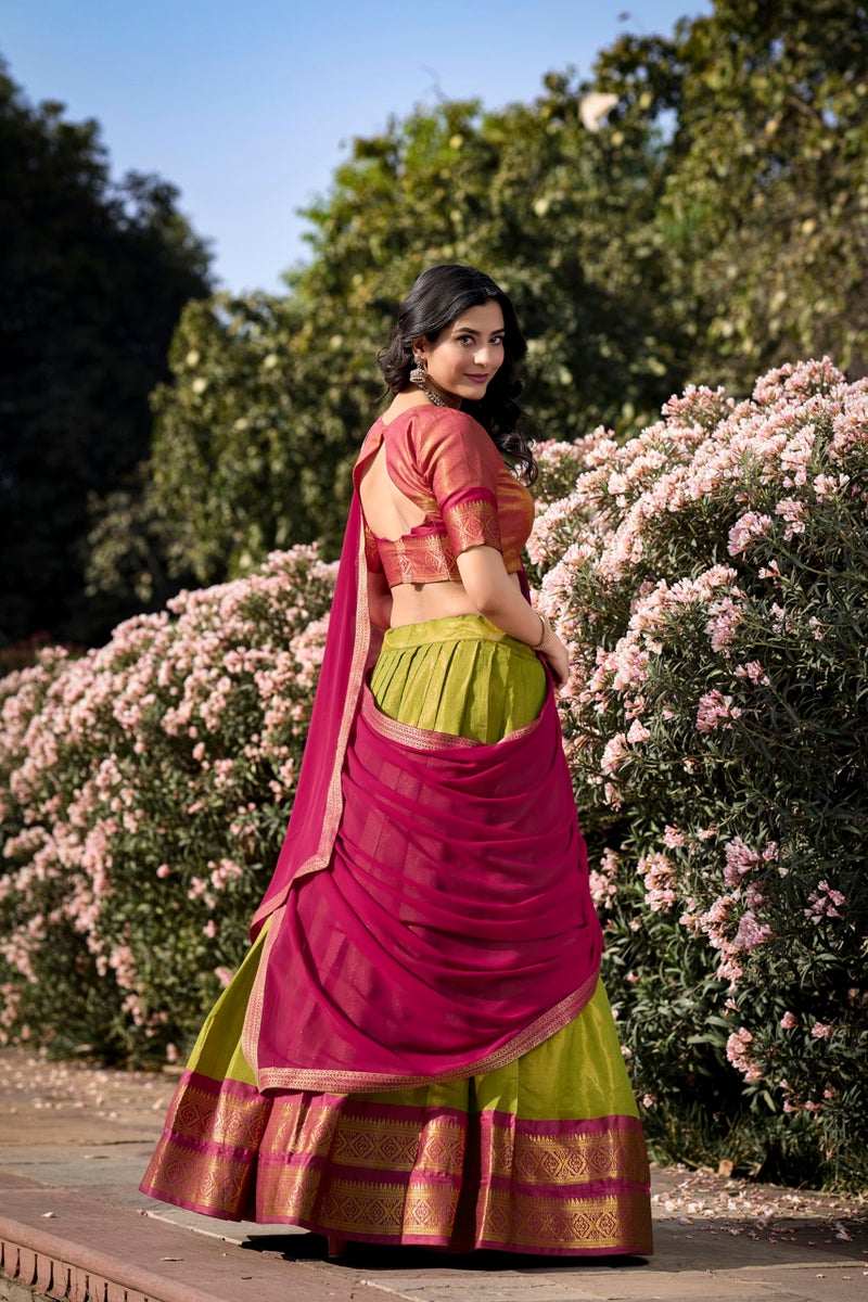 LooknBook Art Women's Solid Pattern Cotton Silk Blend Lehenga Choli Dupatta Set with Unstitched Blouse Piece and Zari Weave Type - Image 2