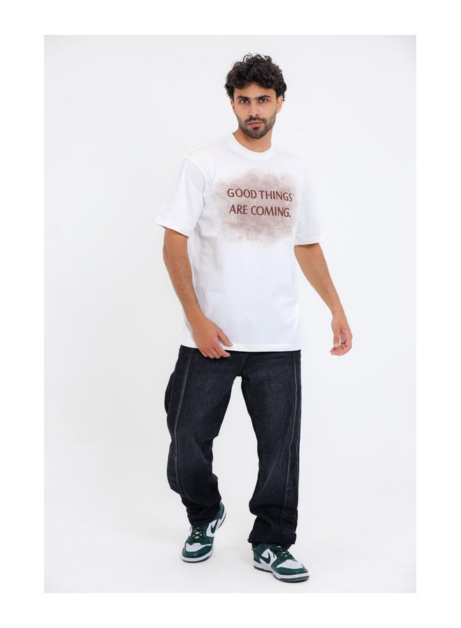 WHITE RABBIT "GOOD THINGS ARE COMING."Printed Short Sleeves White T-Shirt - Image 5