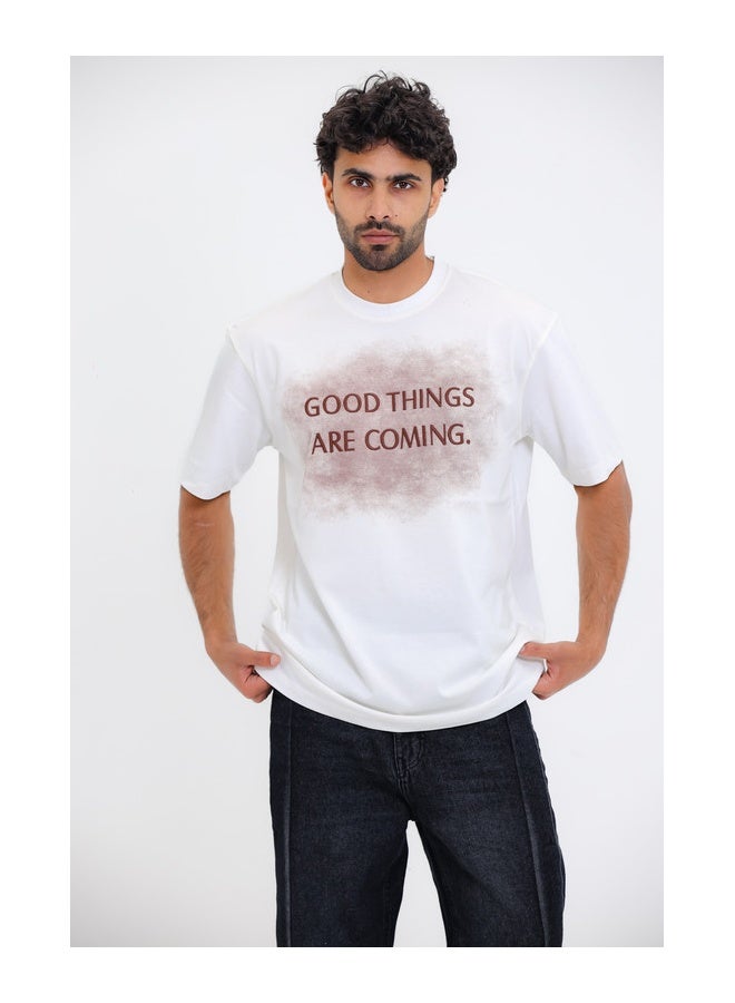 WHITE RABBIT "GOOD THINGS ARE COMING."Printed Short Sleeves White T-Shirt - Image 1