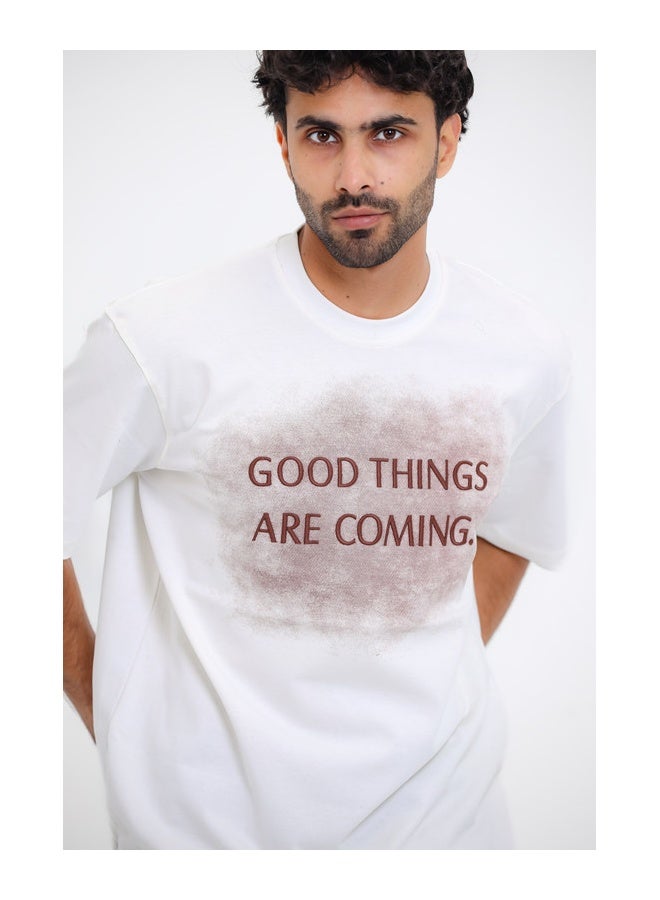 WHITE RABBIT "GOOD THINGS ARE COMING."Printed Short Sleeves White T-Shirt - Image 4