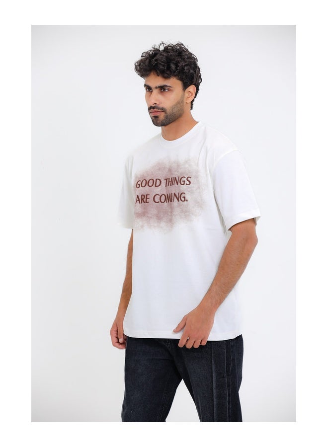 WHITE RABBIT "GOOD THINGS ARE COMING."Printed Short Sleeves White T-Shirt - Image 3