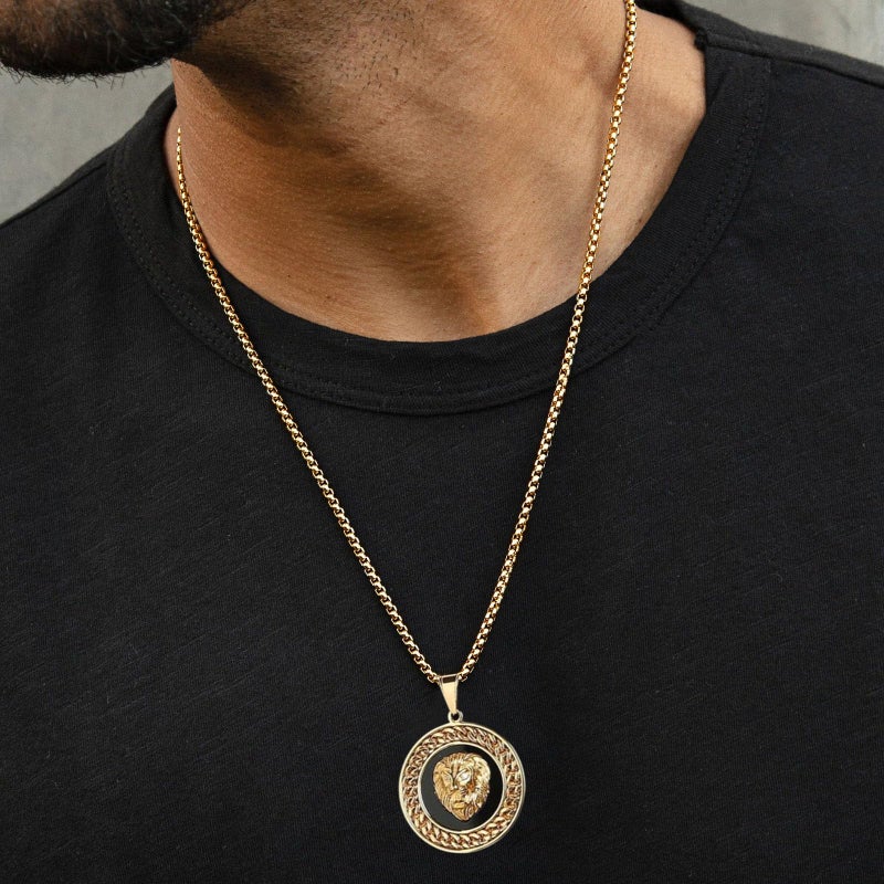 AsAlways 18K Gold Plated Lion Head Necklace for Men Stainless Steel Hip Hop Lion King Round Medal Necklace Jewelry Gift - Image 3