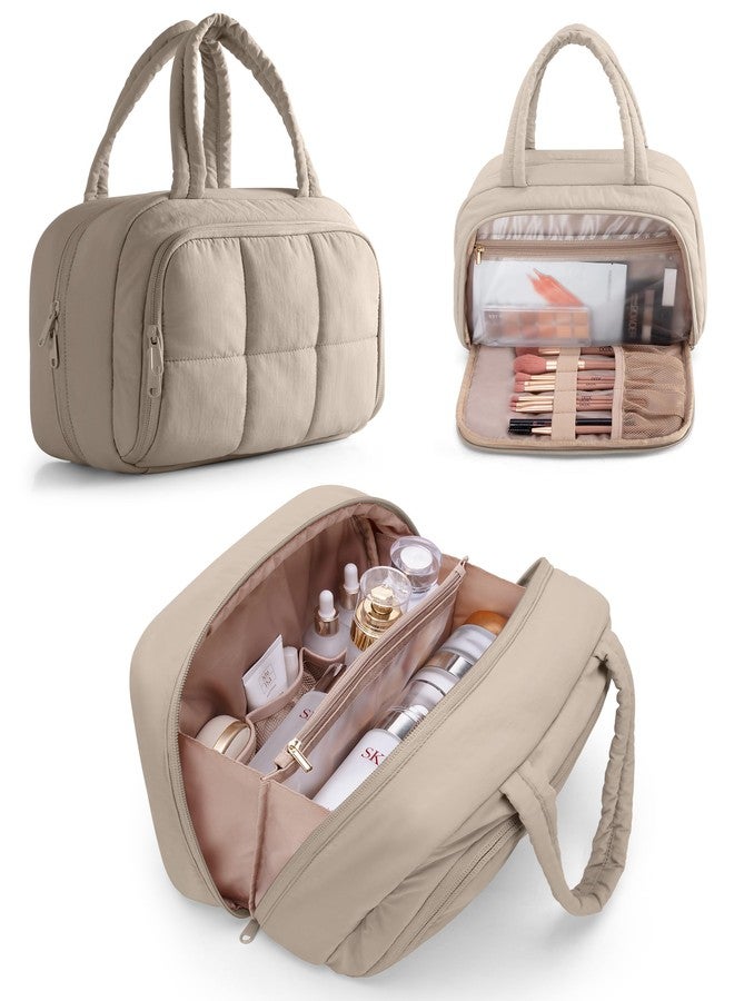 Marscamd Travel Makeup Bag for Women, Puffy Cosmetics & Toiletry Organizer with Leakproof Pockets for Travel-Size Shampoo, Conditioner, Brushes & Essentials - Medium Size, Khaki (Bag Only) - Image 1