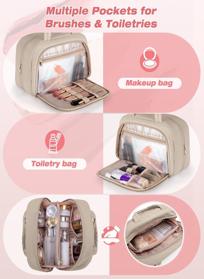 Marscamd Travel Makeup Bag for Women, Puffy Cosmetics & Toiletry Organizer with Leakproof Pockets for Travel-Size Shampoo, Conditioner, Brushes & Essentials - Medium Size, Khaki (Bag Only) - Image 3