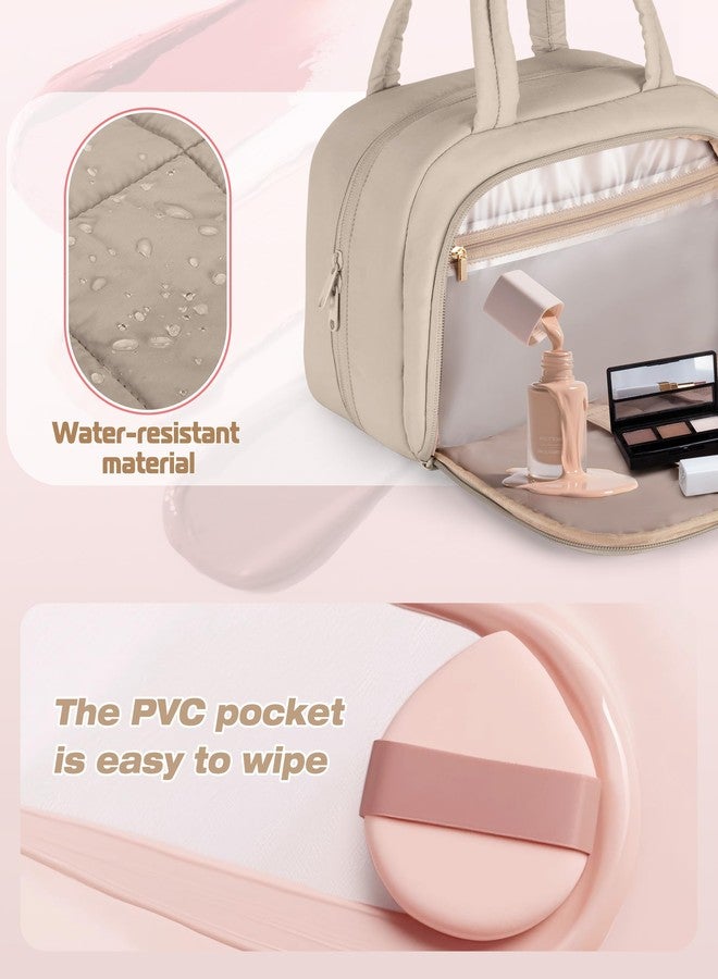 Marscamd Travel Makeup Bag for Women, Puffy Cosmetics & Toiletry Organizer with Leakproof Pockets for Travel-Size Shampoo, Conditioner, Brushes & Essentials - Medium Size, Khaki (Bag Only) - Image 5