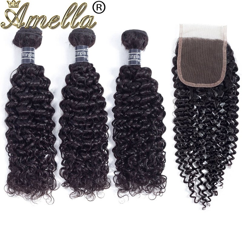 Amella Brazilian Virgin Kinky Curly Human Hair Bundles with Closure (16 18 20+14 Inch) Free Part 4x4 8A 100% Unprocessed Brazilian Deep Curly Wave Bundles with Closure Human Hair Natural Black - Image 2