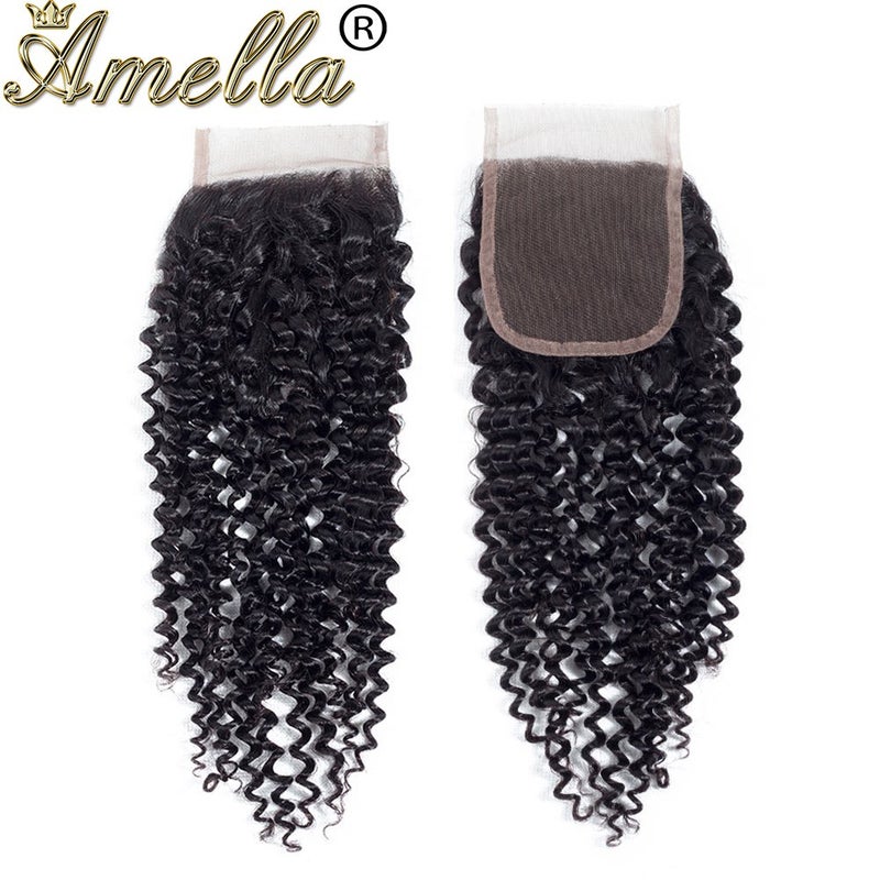 Amella Brazilian Virgin Kinky Curly Human Hair Bundles with Closure (16 18 20+14 Inch) Free Part 4x4 8A 100% Unprocessed Brazilian Deep Curly Wave Bundles with Closure Human Hair Natural Black - Image 5
