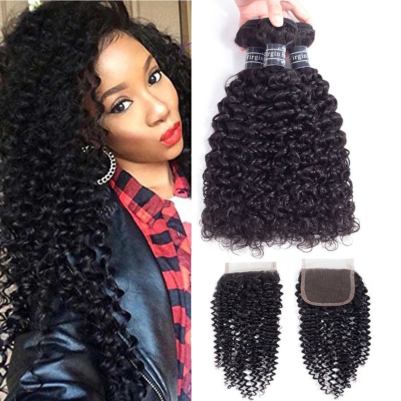 Amella Brazilian Virgin Kinky Curly Human Hair Bundles with Closure (16 18 20+14 Inch) Free Part 4x4 8A 100% Unprocessed Brazilian Deep Curly Wave Bundles with Closure Human Hair Natural Black - Image 1