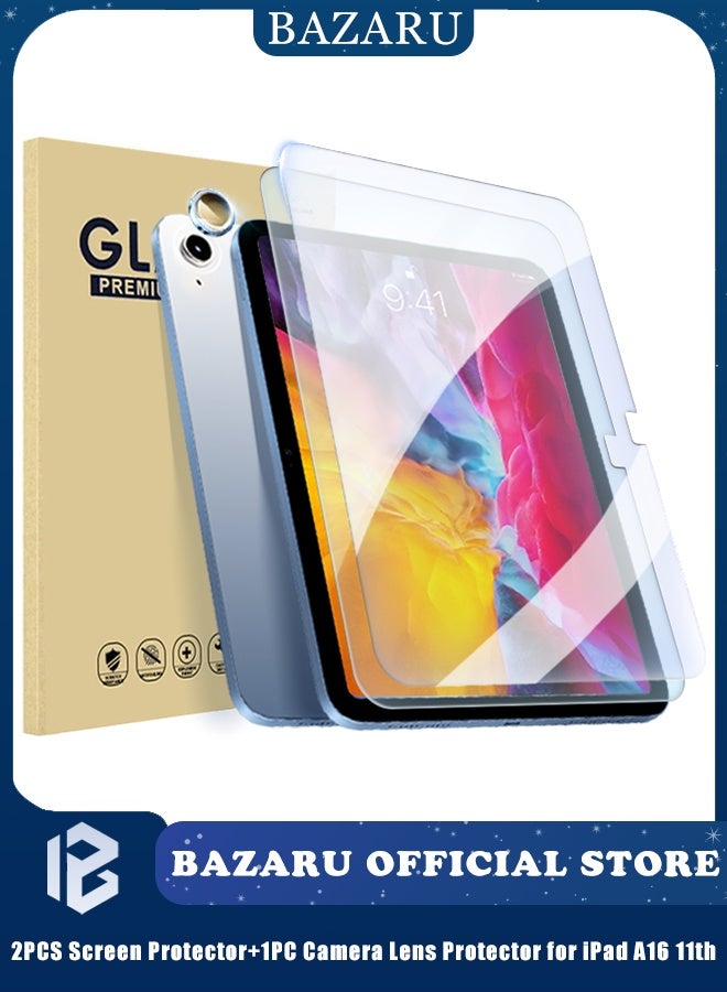 BAZARU 2Pack Screen Protector for iPad A16 11th Gen (11-inch) 2025 / iPad 10th Gen (10.9-inch) 2022 – Tempered Glass Film for iPad A3354, A3355, A3356, A2696, A2757, A2777 with 1 Camera Lens Protector - Image 1