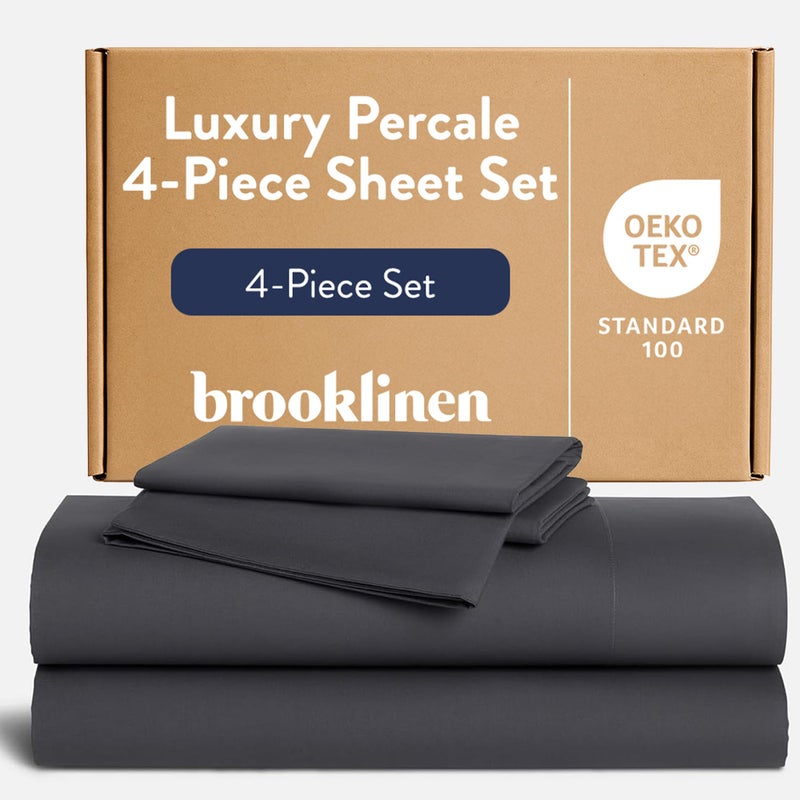 Brooklinen Luxury Percale Sheet Set 4 Piece 100 Cotton Bed Sheets 1 Fitted 1 Flat Sheet 2 Pillowcases Cotton Percale Sheets for Hot Sleepers King Size Slate Grey - Image 2