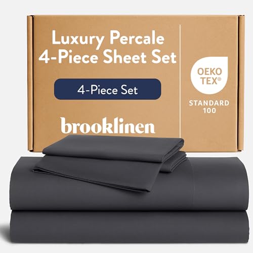 Brooklinen Luxury Percale Sheet Set 4 Piece 100 Cotton Bed Sheets 1 Fitted 1 Flat Sheet 2 Pillowcases Cotton Percale Sheets for Hot Sleepers King Size Slate Grey - Image 1