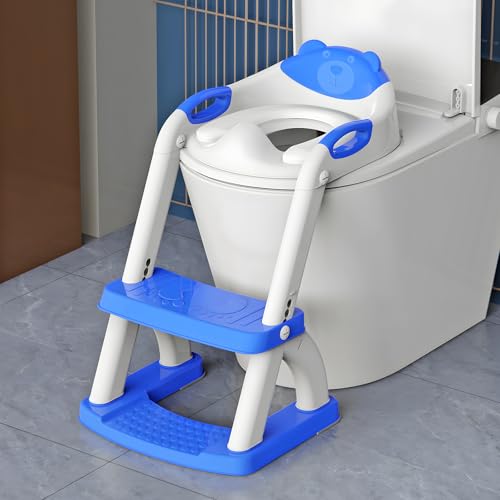 SKYROKU Potty Training Seat ，SKYROKU Potty Training Toilet with Step Stool Ladder, for Kids Boys Girls Toddlers - Comfortable Safe Potty Seat with Anti-Slip Pads Ladder (8899+DarkBlue) - Image 1