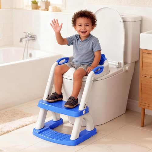 SKYROKU Potty Training Seat ，SKYROKU Potty Training Toilet with Step Stool Ladder, for Kids Boys Girls Toddlers - Comfortable Safe Potty Seat with Anti-Slip Pads Ladder (8899+DarkBlue) - Image 2
