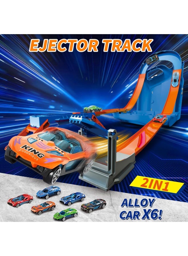 مسار سيارة Charmofun 2 في 1، مسارات سباق ألعاب مع 6 سيارات، صندوق تخزين، مسارات سيارات للأطفال مع حلقة ومسارات على شكل حرف U، مسار محمول للأطفال من سن 3 سنوات فما فوق... - Image 2