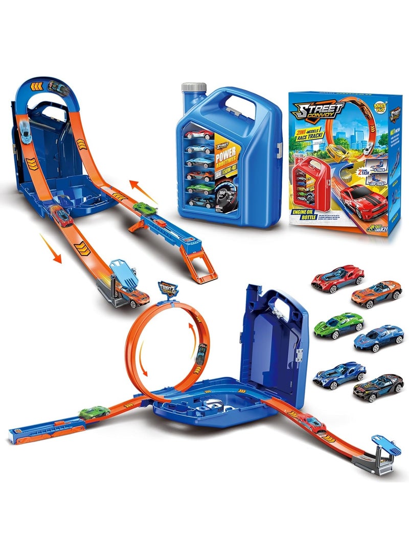 مسار سيارة Charmofun 2 في 1، مسارات سباق ألعاب مع 6 سيارات، صندوق تخزين، مسارات سيارات للأطفال مع حلقة ومسارات على شكل حرف U، مسار محمول للأطفال من سن 3 سنوات فما فوق... - Image 1