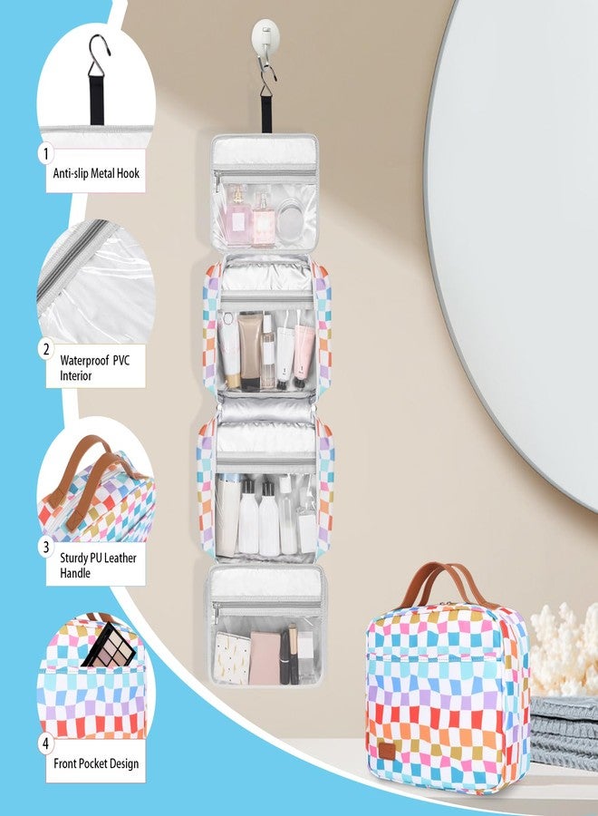 Bosidu Travel Toiletry Bag for Women, Hanging Toiletry Bag with Hook Pastel Checkered Makeup Bag for Travel Size Toiletries, Cosmetics, Must Haves for Traveling Women - Image 5