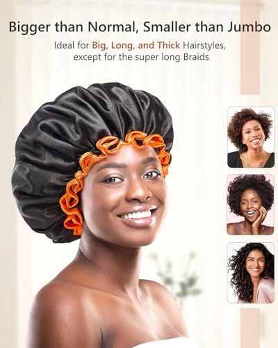 mikimini Large Shower Cap for Women Long Hair, Black, Reusable Waterproof Double Layers XL Washable Colorfast Odorless High-Quality Shower Cap for Men with Vibrant Orange Edge - Image 3