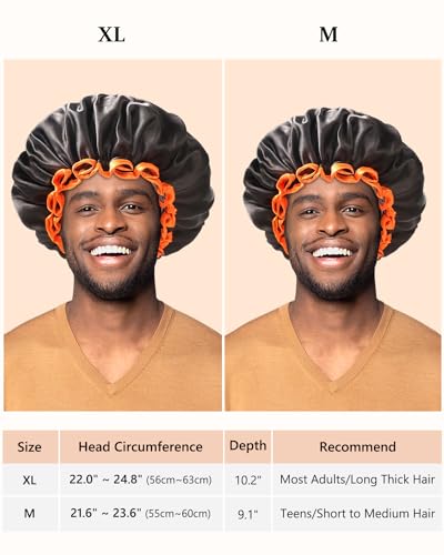 mikimini Large Shower Cap for Women Long Hair, Black, Reusable Waterproof Double Layers XL Washable Colorfast Odorless High-Quality Shower Cap for Men with Vibrant Orange Edge - Image 2