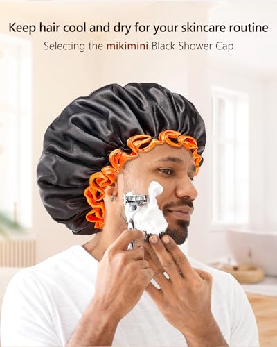 mikimini Large Shower Cap for Women Long Hair, Black, Reusable Waterproof Double Layers XL Washable Colorfast Odorless High-Quality Shower Cap for Men with Vibrant Orange Edge - Image 4