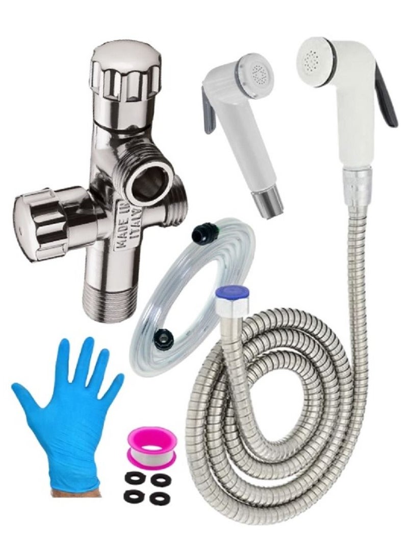 100% Professional choice Shattaf for bathroom, including a 10-meter hose, with a corner valve, 2 outlets, 2 hand shattafs, and a 1.5-meter thermal hose - Image 1