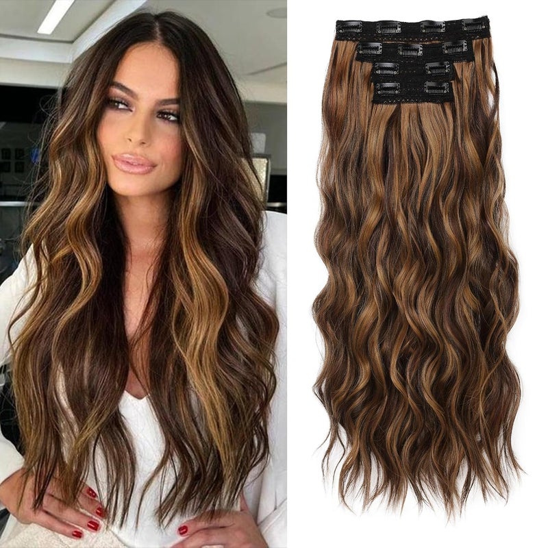 REECHO Clip in Hair Extensions 4PCS BHair Extensions 24 Thick Long Beach Waves hair extensions HE003 Invisible Lace Weft  Chocolate Brown with Golden Highlights