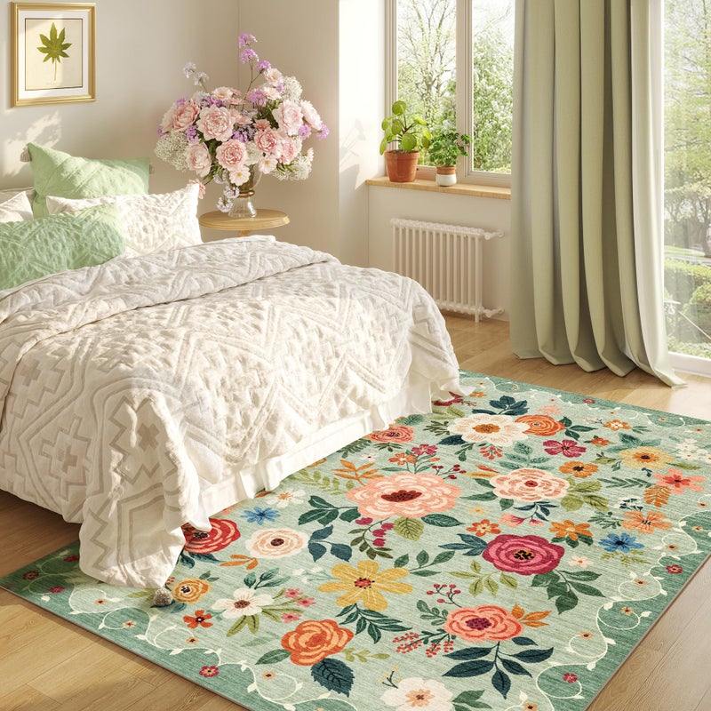 DUKINO 4x6 Area Rug, Floral Rugs for Living Room, Lightweight Non Slip Washable Rug, Indoor Low Pile & Non-Shedding Boho Design Rugs for Bedroom, Living Room, Dining Room, Green - Image 3